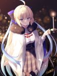  1girl aesc_(fate) aesc_(savior)_(fate) ahoge alternate_costume black_skirt blonde_hair blue_eyes blue_hair blush bow breasts brown_pantyhose cloak commentary_request fate/grand_order fate_(series) fur-trimmed_cloak fur_trim gradient_hair hair_bow highres ikegami_akane long_hair long_sleeves looking_at_viewer medium_breasts multicolored_hair pantyhose ponytail shirt skirt smile solo two-tone_hair very_long_hair white_cloak white_shirt 