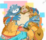 2020 anthro belly blue_body blue_fur blush canid canine canis clothing domestic_dog erection fur genitals group humanoid_hands kemono male male/male mammal momo_92698 moobs nipples overweight overweight_male penis robe ursid white_body white_fur 