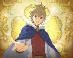  1boy absurdres black_clover black_clover_m:_rise_of_the_wizard_king blonde_hair blue_cape blue_eyes cape crown highres looking_at_viewer lumiere_silvamillion_clover non-web_source official_art red_shirt shirt short_hair solo two-sided_cape two-sided_fabric two-tone_shirt white_cape white_shirt 