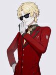 1boy alternate_costume bad_id bad_twitter_id black_shirt blonde_hair blue_eyes brooch char_aznable closed_mouth collared_shirt colored_eyelashes cowboy_shot gloves grey_background gundam gundam_gquuuuuux hand_on_own_chin hand_on_own_hip highres jacket jewelry lapels long_sleeves looking_at_viewer male_focus military_rank_insignia military_uniform necktie notched_lapels red_jacket science_fiction shirt short_hair simple_background smile solo sumi_(gfgf_045) sunglasses white_gloves wing_collar yellow_necktie zeon 