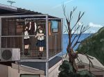  1girl air_conditioner balcony bangs black_hair black_legwear black_sailor_collar blue_sailor_collar blue_skirt blue_sky brown_eyes brown_hair cloud day fubuki_(kantai_collection) highres house kantai_collection kneehighs kuragare laundry low_ponytail low_twintails outdoors parted_bangs pleated_skirt ponytail remodel_(kantai_collection) sailor_collar scenery school_uniform serafuku shirayuki_(kantai_collection) short_ponytail short_twintails sidelocks skirt sky slippers solo standing tree twintails 