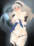 1girl archived_source areolae armor ass_visible_through_thighs blush breasts collarbone corrin_(fire_emblem) corrin_(fire_emblem)_(female) covering covering_breasts crystal curvy dragonstone embarrassed eyebrows_visible_through_hair fire_emblem fire_emblem_fates fire_emblem_heroes frown gem grey_hair hair_between_eyes headband highres long_hair medium_breasts navel nipples nude open_mouth pussy red_eyes simple_background solo surprised thighhighs thighs torn_clothes transformation tridisart wardrobe_malfunction wide_hips 