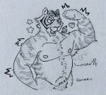 2025 5_fingers abs anthro black_claws black_stripes claws digital_drawing_(artwork) digital_media_(artwork) english_description epic_games eye_scar facial_scar fangs felid fingers fortnite fur hi_res looking_at_viewer male mammal markings muscular muscular_anthro muscular_male nipples nude oscar_(fortnite) pamke pantherine scar simple_background solo striped_body striped_fur striped_markings stripes teeth tiger tongue white_background