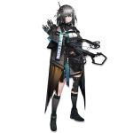  1girl arknights bangs black_footwear black_legwear boots bow_(weapon) breasts choker cloak closed_mouth compound_bow crossbow feathers full_body gloves green_eyes grey_hair greythroat_(arknights) hair_feathers hair_ornament headset heibaise_jiangshi holding holding_bow_(weapon) holding_weapon large_breasts leotard looking_at_viewer official_art short_hair sidelocks single_knee_pad solo tachi-e transparent_background weapon 