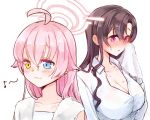  2girls ahoge black_hair blue_archive blue_eyes blush breasts cleavage closed_mouth collared_shirt commentary female_sensei_(blue_archive) hair_between_eyes halo heterochromia hickey hoshino_(blue_archive) large_breasts long_hair multiple_girls musical_note pink_hair purple_eyes rarasa_(rarasa) sensei_(blue_archive) shirt simple_background symbol-only_commentary towel towel_around_neck white_background white_shirt yellow_background 