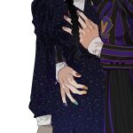  2girls black_dress black_hair black_jacket black_skirt braid dress enid_sinclair hashtag-only_commentary head_out_of_frame highres hug jacket long_hair multicolored_nails multiple_girls nail_polish nevermore_academy_school_uniform purple_jacket purple_skirt school_uniform simple_background skirt striped_clothes striped_jacket striped_skirt the_addams_family tuxiaoning_not wednesday_(netflix) wednesday_addams white_background yuri 