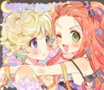  2girls blonde_hair blush bow chocolat_meilleure commentary_request eyelashes fang green_eyes korean_commentary kuzuvine long_hair looking_at_another looking_at_viewer moon multiple_girls one_eye_closed orange_hair purple_eyes short_hair sidelocks smile sugar_sugar_rune sweatdrop vanilla_mieux 