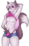  akukun bottomwear bulge canid canine clothing cutoffs denim denim_clothing facial_piercing fox fur girly hair lip_piercing long_hair male mammal navel navel_piercing nipple_piercing nipples piercing pink_hair shorts solo thong underwear unknown_artist white_body white_fur 