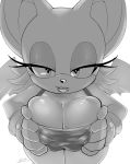  breasts chiropteran clothed clothing eyelashes female hi_res holding_breast lips looking_at_viewer mammal monochrome nipple_outline open_mouth rouge_the_bat simple_background soina solo sonic_the_hedgehog_(series) white_background wings 