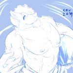  1:1 2019 anthro ball barazoku beach_ball blue_and_white canid canine cev chest_tuft fur humanoid_hands looking_at_viewer male mammal monochrome muscular muscular_male nipples partially_submerged sketch smile solo tuft water 