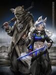  1boy 1girl animal_ears arclight_(arknights) arknights arknights:_endfield black_pants blue_eyes blue_hair braid closed_mouth commentary english_text feet_out_of_frame full_body gloves gun hand_on_blade highres holding holding_gun holding_gun_barrel holding_sword holding_weapon horse_ears lliftt long_hair long_sleeves looking_at_viewer multicolored_hair navel over_shoulder pants single_glove standing stomach streaked_hair sword weapon weapon_over_shoulder white_hair 