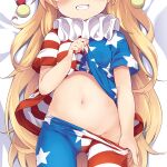  1girl american_flag american_flag_print american_flag_shirt baku-p bed blonde_hair blue_shirt blush breasts closed_mouth clownpiece commentary_request dakimakura_(medium) fang flag_print hand_up hat jester_cap long_hair multicolored_shirt polka_dot print_shirt red_hat red_shirt shirt short_sleeves small_breasts smile solo star_(symbol) star_print striped_clothes striped_shirt teeth touhou upper_body white_shirt 