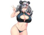  animal_ears arknights bikini blush breasts cleavage fang feater_(arknights) gray_hair kuavera red_eyes sunglasses swimsuit twintails white 