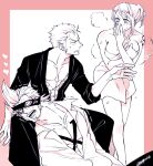  1girl 2boys arm_tattoo blank_eyes border chabo_(niwatori_bosori) chest_tattoo collared_shirt commentary_request greyscale_with_colored_background hair_bun multiple_boys nami_(one_piece) one_piece pink_border roronoa_zoro shirt short_hair sideburns sidelocks stitched_torso stitches sweatdrop tattoo x_drake 