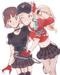  2girls arm_up baseball_cap belt black_choker black_hat black_shirt black_thighhighs blonde_hair blue_eyes bracelet braid breasts brown_hair chain choker dot_nose earrings fingerless_gloves fishnet_pantyhose fishnets garter_straps gloves grin hat headphones headphones_around_neck highres holding_another's_arm hoop_earrings jewelry midriff miniskirt multicolored_hair multiple_girls niijima_makoto official_alternate_costume one_eye_closed paitan1007 pantyhose persona persona_5 persona_5:_dancing_star_night persona_dancing red_eyes red_gloves red_sweater shirt simple_background skirt smile spiked_bracelet spikes standing standing_on_one_leg studded_choker sweater takamaki_anne thighhighs thighs twintails v white_background 