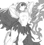  1girl asymmetrical_wings breasts commentary_request eyes_on_wings fiery_wings greyscale highres iwanaga_ariya long_sleeves looking_at_viewer mask mask_over_one_eye mero_(starfish_jcs) monochrome shirt skeletal_clothes skeletal_tail skeletal_wings skirt solo tail touhou wings 
