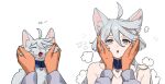  2girls animalization baesong bell cat commentary_request female_pov grey_cat grey_eyes grey_hair gundam gundam_suisei_no_majo hand_on_another's_face hands_on_another's_cheeks hands_on_another's_face kemonomimi_mode korean_commentary korean_text looking_at_viewer miorine_rembran multiple_girls neck_bell nude open_mouth pov simple_background suletta_mercury transformation translation_request white_background 