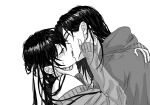  1boy 1girl arm_around_neck black_hair blush closed_eyes commentary_request couple eren_yeager french_kiss grey_jacket greyscale hair_between_eyes hand_on_another's_chin hand_on_own_cheek hand_on_own_face hayeong5097 hetero highres jacket kiss korean_commentary long_hair medium_hair mikasa_ackerman monochrome off-shoulder_sweater off_shoulder shingeki_no_kyojin sweat sweater white_background 