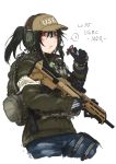  1girl ? ayyh backpack bag baseball_cap black_hair blush bullpup candy candy_bar commentary_request desert_tech_mdr ear_protection eating escape_from_tarkov food hat highres jacket leg_holster military_operator red_eyes reflex_sight short_ponytail snickers tactical_clothes white_background 