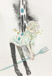  1boy absurdres acrylic_paint_(medium) blonde_hair boots commentary_request fantasy fork full_body hair_over_one_eye highres holding holding_fork karintoun long_sleeves looking_at_viewer looking_down original painting_(medium) short_hair signature simple_background standing straight-on sweater traditional_media watercolor_(medium) 