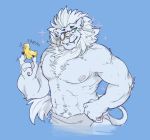  absurd_res anthro blue_background chocodiley claws eyewear fangs felid fur green_eyes hi_res lion male mammal mane monocle muscular muscular_male nipples pantherine pecs rubber_duck simple_background snow_(tas) solo tokyo_afterschool_summoners towel towel_only video_games white_body white_fur 