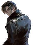  1boy absurdres beard_stubble black_jacket blue_eyes brown_hair commentary english_commentary facial_hair fur-trimmed_jacket fur_trim hair_between_eyes henoopd highres jacket leon_s._kennedy lips long_sleeves looking_at_viewer looking_back male_focus nose parted_lips resident_evil resident_evil_requiem shaded_face short_hair simple_background solo stubble tsurime upper_body variant_set white_background 