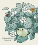  :3 :d animal_focus ayu_(mog) bug commentary_request english_commentary flower frog grey_background highres ladybug leaf mixed-language_commentary no_humans open_mouth original plant plant_focus romaji_commentary simple_background smile snail solid_circle_eyes white_flower 