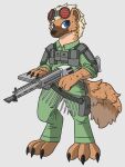  2022 anthro blue_eyes clothing digitigrade eyewear goggles gun hyena male mammal military_uniform nail_gun ranged_weapon roawayart simple_background uniform weapon 