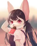  absurd_res anthro black_hair blurred_background candy canid canine cheek_tuft chocolate facial_tuft female fennec food fox fur hair hi_res itaki. kemono mammal mouth_hold pigtails red_eyes solo tuft white_body white_fur 