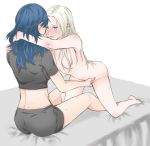  2girls arm_around_neck back bangs bare_legs bed black_shorts blue_hair blush breasts byleth_(fire_emblem) byleth_(fire_emblem)_(female) clothed_female_nude_female crop_top edelgard_von_hresvelg fingering fire_emblem fire_emblem:_three_houses full_body hair_over_breasts kneeling long_hair medium_breasts midriff multiple_girls nude open_mouth parted_bangs purple_eyes pussy_juice short_shorts shorts silver_hair simple_background sitting straight_hair sweat tears wa_(r_waizumi) white_background yuri 