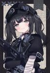  1girl bandaged_arm bandages black_border black_choker black_gloves black_hair black_hat black_ribbon border choker closed_mouth commentary_request commission gloves goggles goggles_on_headwear grey_eyes hat highres kurobe_nanoka long_hair looking_at_viewer mahou_shoujo_no_majo_saiban neck_ribbon ribbon short_sleeves skeb_commission smile solo twintails upper_body yua_666666 
