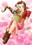  1990s_(style) :d aerith_gainsborough aqua_eyes arm_at_side arm_support basket black_ribbon blurry blurry_background boots braid braided_ponytail breasts brown_boots brown_hair cat cleavage closed_eyes commentary_request cropped_jacket crown curtained_hair dress facing_viewer fangs final_fantasy final_fantasy_vii floating_hair flower full_body gradient_background hair_over_shoulder hair_ribbon hand_up happy holding holding_basket invisible_floor jacket legs_together light_blush long_hair looking_at_viewer medium_breasts metal_bracelet neck_ribbon no_socks open_mouth orb pink_background pink_dress pink_ribbon pocket purple_flower red_jacket red_ribbon retro_artstyle ribbon ringlets short_sleeves single_braid sitting smile teiku_(take) white_trim yellow_flower 