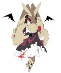  1girl animal_ears ayaka_488 bat_wings black_bow black_dress black_sclera blood blood_on_clothes bow brown_fur clothed_pokemon colored_sclera commentary_request cup dress drinking_glass fang full_body furry furry_female hair_bow highres looking_at_viewer lopunny pink_ribbon pokemon pokemon_(creature) rabbit_ears rabbit_girl red_eyes ribbon simple_background solo standing two-tone_fur vampire white_background wine_glass wings yellow_fur 