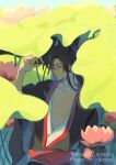  1boy bishounen black_hair black_hanfu blue_eyes chinese_clothes collarbone commentary day dreamer_ameba eyelashes flower hair_over_one_eye hand_up hanfu highres leaf lily_pad long_hair looking_at_viewer lotus lotus_leaf male_focus modao_zushi outdoors parted_lips pectoral_cleavage pectorals pink_flower ponytail red_sash sash shade sidelocks sitting smile solo symbol-only_commentary twitter_username upper_body wei_wuxian wide_sleeves 