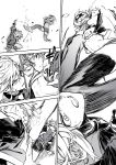 2girls absurdres battle belt earrings fur_trim gloves goggles goggles_on_head greyscale highres jewelry kicking medium_hair monochrome multiple_girls navel necktie original parted_lips punching reiga_(act000) shorts speed_lines sweat thighhighs 