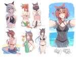  6+girls absurdres adjusting_clothes adjusting_swimsuit agnes_digital_(umamusume) animal_ears ass bare_arms bare_back bare_shoulders bikini black_bikini black_dress blush bow breasts brown_hair character_request cleavage cleavage_cutout clothing_cutout curren_chan_(umamusume) denim denim_shorts dress drink ear_covers eyewear_on_head from_behind green_bikini green_bow green_eyes green_one-piece_swimsuit green_ribbon grin hair_between_eyes hair_bow hair_ribbon hand_on_own_neck highres holding holding_drink horse_ears horse_girl horse_tail kimchi_(user_mpzz8457) king_halo_(umamusume) large_breasts long_hair looking_at_viewer mejiro_dober_(umamusume) multicolored_hair multiple_girls ocean one-piece_swimsuit one_eye_closed open_mouth orange_hair pink-tinted_eyewear ponytail purple_eyes reaching reaching_towards_viewer red_bikini red_eyes ribbon sakura_laurel_(umamusume) see-through_clothes see-through_dress short_hair short_shorts shorts sidelocks silence_suzuka_(umamusume) smile special_week_(umamusume) still_in_love_(umamusume) sunglasses swimsuit t-head_trainer_(umamusume) tail tinted_eyewear trainer_(umamusume) two-tone_hair umamusume v white-framed_eyewear white_bikini white_hair 