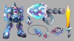  beam_rifle biometal clenched_hands crossover energy_gun energy_sword gatling_gun glowing glowing_eyes gouf_custom grey_background gun gundam gundam_08th_ms_team highres mecha mega_man_(series) mega_man_zx no_humans parody red_eyes redesign robot science_fiction shield simple_background style_parody sword ultimatemaverickx weapon 