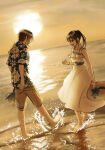  1boy 1girl bare_shoulders barefoot beach black_hair bracelet breasts commentary_request dress eren_yeager full_body grey_shorts hair_between_eyes hat hawaiian_shirt hayeong5097 highres holding holding_unworn_clothes holding_unworn_hat jewelry korean_commentary long_hair medium_breasts mikasa_ackerman ocean ponytail print_shirt shingeki_no_kyojin shirt short_hair shorts sleeveless sleeveless_dress soaking_feet splashing straw_hat sun_hat sundress sunset unworn_hat unworn_headwear white_dress 