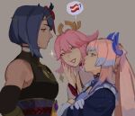  3girls ? animal_ears arms_behind_back black_shirt blue_bow blue_eyes blue_gemstone blue_hair blue_jacket bow breasts brooch chest_bow choker closed_mouth crossed_arms detached_sleeves earrings english_commentary fox_ears fox_girl frills gem genshin_impact gloves gold_earrings grey_background hair_between_eyes half-closed_eyes hand_up headpiece implied_yuri jacket japanese_clothes jewelry kujou_sara lesbian_flag long_hair long_sleeves looking_at_another low_ponytail mask mask_on_head medium_breasts multicolored_hair multiple_girls nontraditional_miko pendant pink_hair pink_lips pink_pupils ponytail purple_choker purple_eyes purple_gemstone purple_shirt red_mask rope sangonomiya_kokomi shirt short_hair sidelocks simple_background sleeveless sleeveless_shirt smile sparkle speech_bubble suqling teeth tengu_mask turtleneck turtleneck_shirt two-tone_hair upper_body vision_(genshin_impact) white_gloves white_sleeves wide_sleeves yae_miko yellow_eyes 