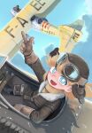  1girl :d absurdres aircraft airplane aviator_cap biplane blonde_hair blue_eyes bright_pupils brown_gloves cloud commentary_request day french_text fur-trimmed_jacket fur_trim gloves goggles goggles_on_headwear grey_pants highres jacket original pants pilot sky smile sumirechan_(lalah7th) sweater turtleneck turtleneck_sweater white_pupils 