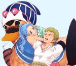 1boy 1girl arms_behind_head bird blue_background blue_hair blush chabo_(niwatori_bosori) closed_eyes commentary_request drinking_straw duck earrings goggles goggles_on_headwear green_hair hat jewelry karoo_(one_piece) looking_at_another nefertari_vivi one_piece ponytail roronoa_zoro short_hair sidelocks simple_background sleeping smile 