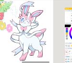 animal_focus art_program_in_frame ayaka_488 blue_eyes bow bright_pupils closed_mouth comfey commentary_request full_body highres looking_at_viewer no_humans one_eye_closed pink_fur pokemon pokemon_(creature) pokemon_focus ribbon simple_background solo_focus standing sylveon two-tone_fur white_background white_fur white_pupils 