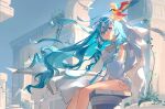 +_+ 1girl 37_(down_in_the_grotto)_(reverse:1999) 37_(reverse:1999) architecture arm_up bare_legs bare_shoulders bird bird_on_hand blue_eyes blue_hair blue_sky cape day feet_out_of_frame floating_hair greco-roman_architecture hair_between_eyes hair_ornament hand_up highres hydrogen_fish long_hair looking_up official_alternate_costume one-piece_swimsuit outdoors pillar plant reverse:1999 sitting sky solo swimsuit very_long_hair vines white_cape white_one-piece_swimsuit 