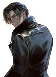  1boy beard_stubble black_jacket blue_eyes brown_hair commentary english_commentary facial_hair fur-trimmed_jacket fur_trim hair_between_eyes henoopd highres jacket leon_s._kennedy lips long_sleeves looking_at_viewer looking_back male_focus nose parted_lips resident_evil resident_evil_requiem shaded_face short_hair simple_background solo stubble tsurime upper_body variant_set white_background 