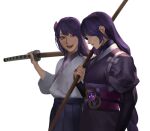  2girls armor belt blue_skirt bow braid closed_mouth commentary cowboy_shot fan_hair_ornament fingernails gem genshin_impact hair_ornament hakama hakama_skirt hand_fan hand_up holding holding_sword holding_weapon japanese_armor japanese_clothes katana kimono kote kurokote lips long_hair long_sleeves looking_at_another low-braided_long_hair low-tied_long_hair makoto_(genshin_impact) mitsudomoe_(shape) multiple_girls open_mouth over_shoulder pink_sash purple_belt purple_eyes purple_gemstone purple_hair purple_kimono raiden_shogun sash short_sleeves siblings simple_background single_braid sisters skirt smile standing suqling sword symbol-only_commentary teeth tomoe_(symbol) twins vision_(genshin_impact) weapon weapon_over_shoulder white_background white_bow white_kimono wide_sleeves 