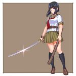  1girl bangs belt black_hair black_legwear blunt_bangs blush bob_cut breasts brown_belt brown_footwear closed_mouth floating_hair full_body green_sailor_collar green_skirt highres holding holding_sword holding_weapon katana kneehighs lanyard loafers looking_at_viewer lt medium_breasts miniskirt neckerchief original pleated_skirt purple_eyes red_neckwear ryuukihei_rentai sailor_collar scabbard school_uniform serafuku sheath shirt shoes short_hair short_sleeves simple_background skirt solo standing sword weapon white_shirt wind 