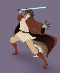  5_fingers absurd_res anthro canid canine clothed clothing fingers footwear fully_clothed fur hi_res inner_ear_fluff lightsaber mammal melee_weapon nate_(troenie) open_mouth pose simple_background soina star_wars teeth tongue tuft weapon 