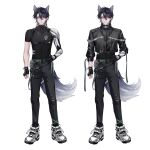  1boy absurdres ahoge animal_ear_fluff animal_ear_piercing animal_ears ankle_strap arm_at_side belt belt_pouch black_belt black_gloves black_hair black_jacket black_pants black_shirt chest_harness closed_mouth colored_inner_hair commentary covered_collarbone covered_navel cropped_jacket denim dopefish english_commentary expressionless eyeshadow fingerless_gloves fox_boy fox_ears fox_tail full_body gloves green_hair green_pupils grey_hair grey_tail hair_between_eyes hand_on_own_hip harness high_collar highres indie_virtual_youtuber jacket jeans lapels looking_at_viewer makeup male_focus mechanical_arms medium_hair multicolored_hair multiple_views no_jacket notched_lapels pants pouch red_eyeshadow scar scar_on_arm second-party_source shirt shoes short_sleeves simple_background single_fingerless_glove single_mechanical_arm slit_pupils standing straight-on streaked_hair suimachine system_shock tail torn_clothes torn_jeans torn_pants transparent_background triangle tsurime tsuuuno2 two-tone_tail undershirt virtual_youtuber white_shoes white_tail wristband 