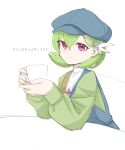  1girl ayaka_488 bob_cut commentary_request cup gardevoir gardevoir_(cafe) green_hair hat highres holding holding_cup looking_at_viewer personification pink_eyes pokemon pokemon_(creature) pokemon_unite simple_background sitting teacup white_background 