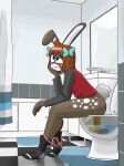  2025 absurd_res accessory anthro bathroom blue_eyes blush bodily_fluids bottomless bottomwear brown_body brown_fur butt casey_(notmypornaccount) clothed clothing cottontail_rabbit digital_media_(artwork) feces female floppy_ears footwear fur genital_fluids grin hair hair_accessory hi_res lagomorph leporid long_sleeve_shirt mammal markings mirror notmypornaccount panties panties_down partially_clothed peeing pooping rabbit relieved shirt shower_curtain sink sitting smile socks solo spots spotted_markings tail text toilet_use topwear underwear underwear_down urine urine_stream watersports white_body white_fur x-ray_view 